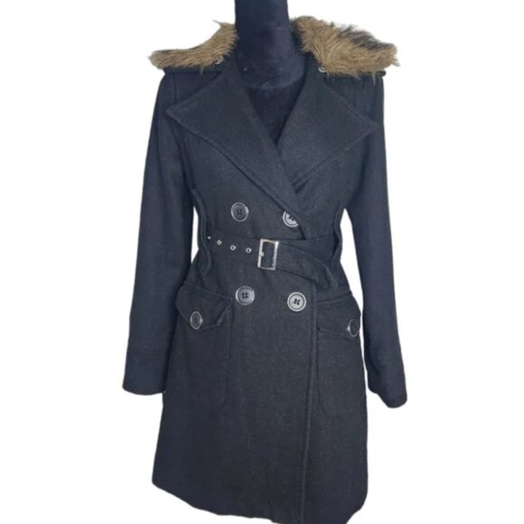 Grass Collection Black Brown Faux Fur Belted Button Pea Coat - Picture 1 of 8